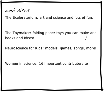 web sites
The Exploratorium: art and science and lots of fun.  http://www.exploratorium.edu/index.html 

The Toymaker: folding paper toys you can make and books and ideas!  http:www.thetoymaker.com/ 

Neuroscience for Kids: models, games, songs, more!  http://faculty.washington.edu/chudler/neurok.html 

Women in science: 16 important contributers to math, science, and engineering.  http://www.sdsc.edu/ScienceWomen/index.html 
